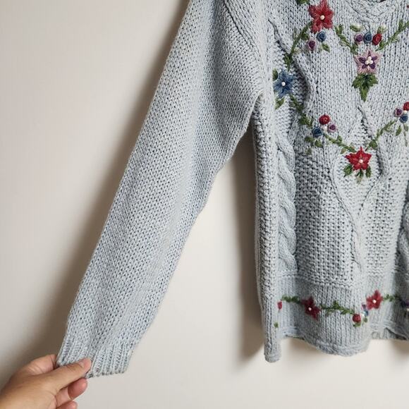 Vtg Bobbie Brooks Hand Knit Embroidered Sweater Womens Medium Cottagecore Floral - Picture 3 of 16